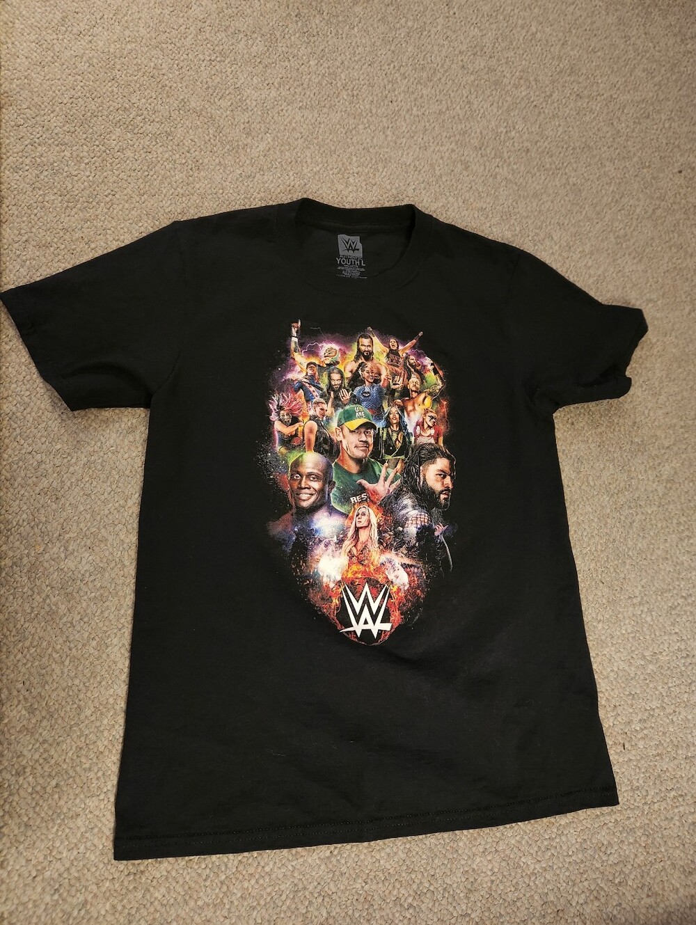 Boy's WWE Black Short Sleeve Graphic Tee with Multicolor Wrestler Collage